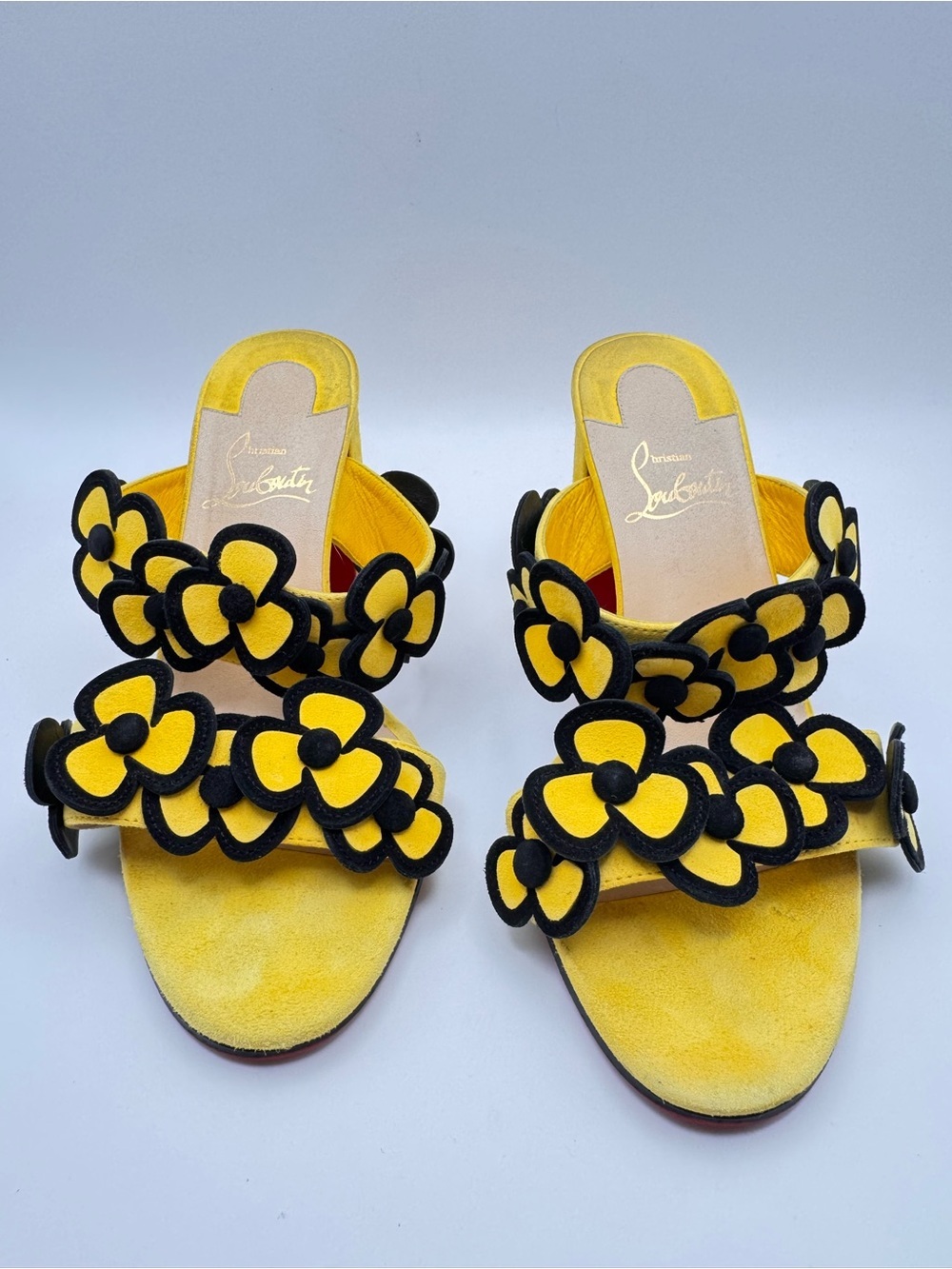 Christian Louboutin Tres Pansy 85 Yellow Suede Floral Mule Sandals EU 36 - Picture 3 of 8